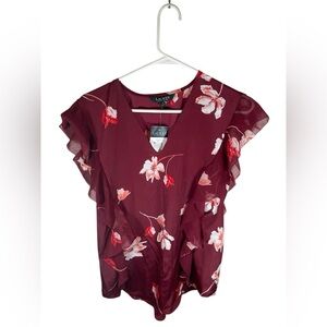 Lauren Ralph Lauren Floral Ruffle Trim Georgette Blouse Burgundy